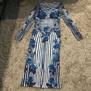 Jean Paul Gaultier Blue and White Floral Long Sleeve Dress